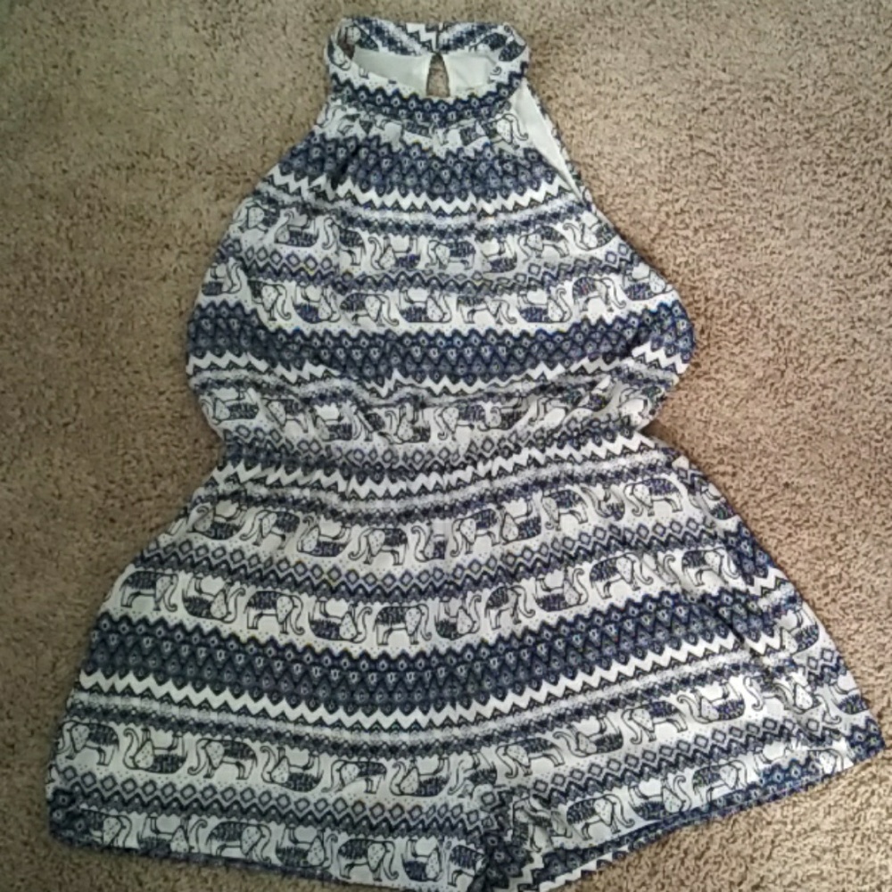 Sienna Sky blue and white elephant print romper.